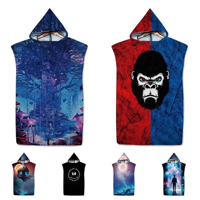 

74*110cm Adult Children's Beach Play Absorbent Windproof and Warm Microfiber Bath Towel Beach Towel Printed Hooded Cloak