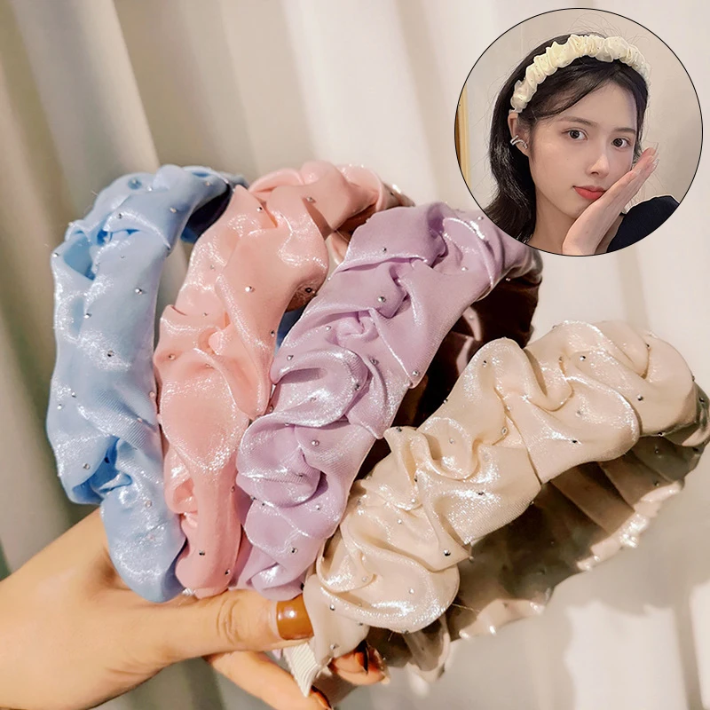 

Повязка на голову женская шелковая, атласный обруч с гофрированным покрытием, широкий обруч с жемчужинами, аксессуар для волос