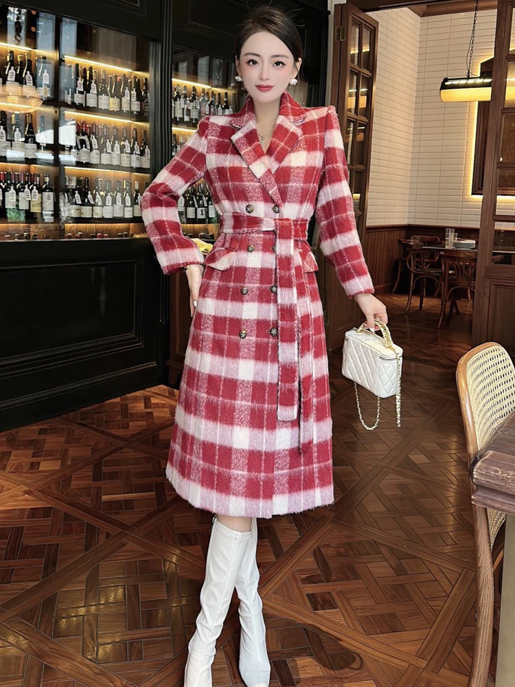 

ZJYT Elegant Lady Plaid Woolen Jacket Winter Long Overcoat Women Fashion Wool Blends Coats Female Turn Down Collar Outerwear