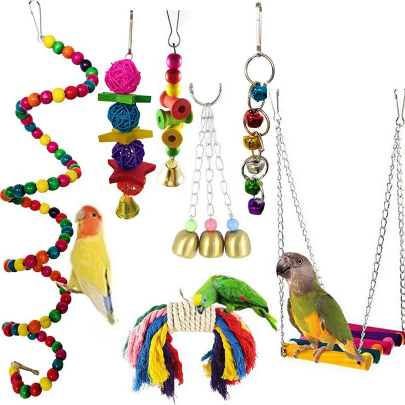 

Cute 7Pcs/Set Parrot Birds Toy Kit Swing Hanging Bells Wooden Bridge Accessories Bird Toy Standing Training Pet Tool