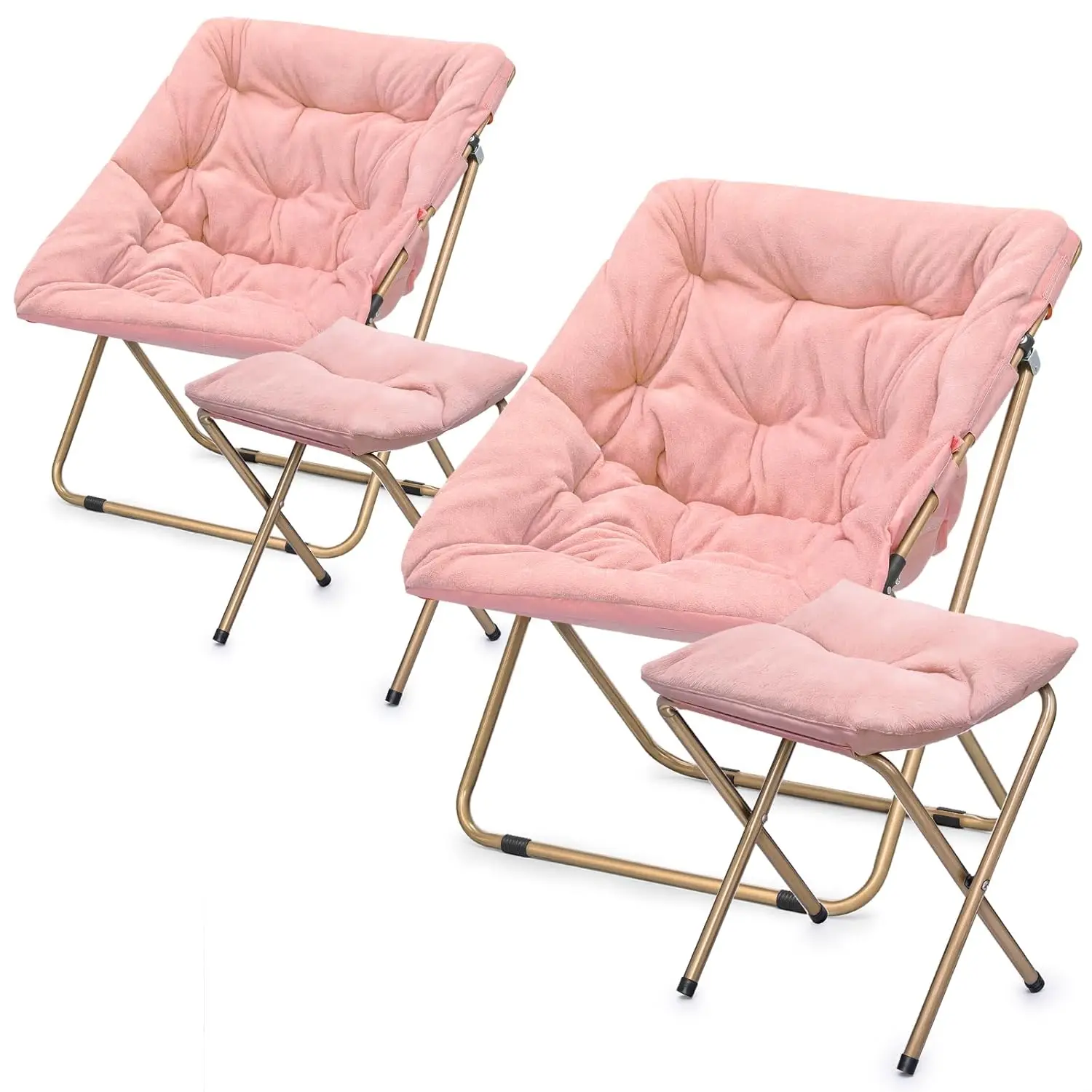 Фото #Comfy Oversize Folding Saucer Chair & Ottoman Set Faux Fur Metal Leg Bedroom Living Room Adult Black №4