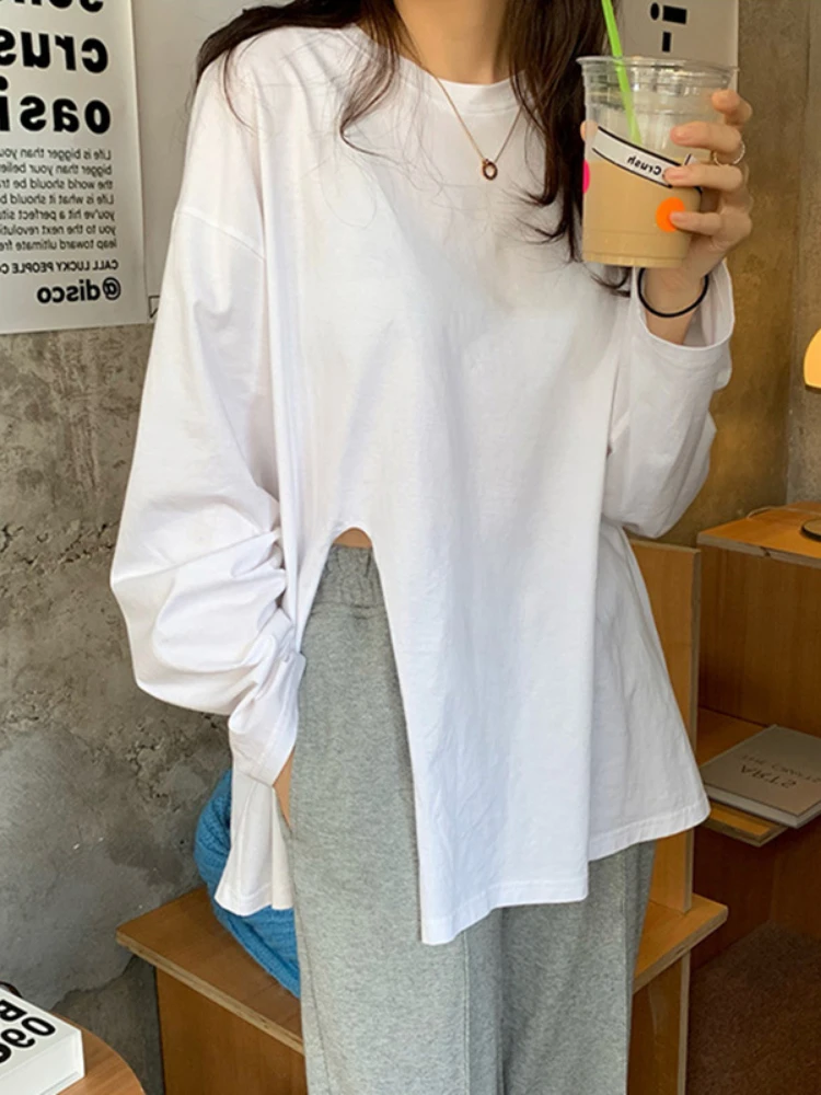 

Женская длинная футболка с разрезом, летняя новая блузка с круглым вырезом, повседневные свободные базовые рубашки, женская одежда, топы, 2023