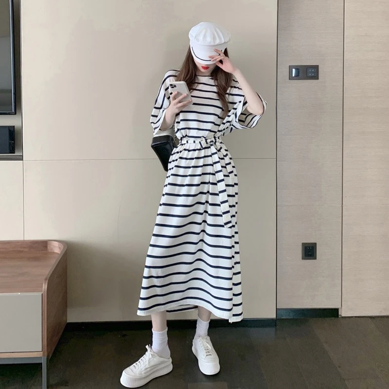 

Korean Summer White Dress Women Short Sleeve Loose Three Quarter Casual Striped Pullover Basics O-neck Belt Long Dress
