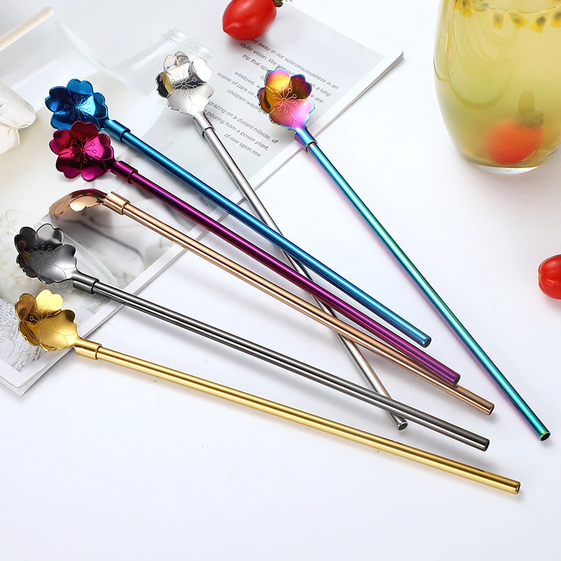 

1 PC Reusable Long Straw Spoon Portable Tea Scoop Multicolor Stainless Steel Straw Bar Cocktail Coffee Stirring Drinking Spoon