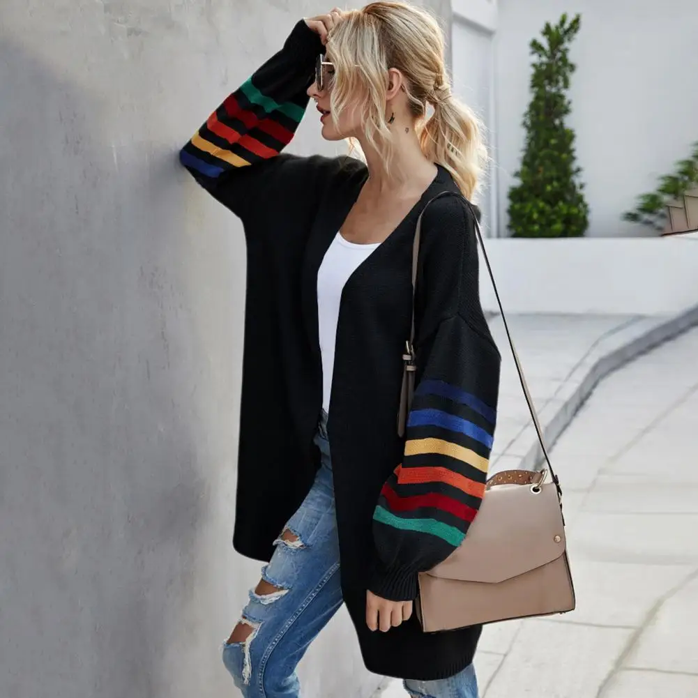 

Long Sleeve Versatile Cold Resistant Women Striped Patchwork Long Sweater Jacket Knitted Coat Female Knitwear