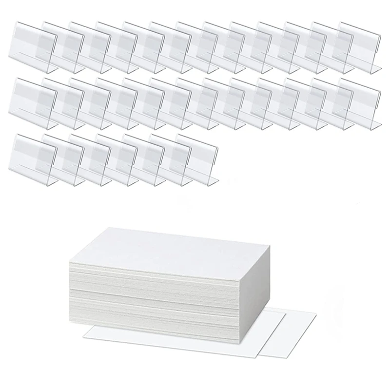 

50 PCS Mini Clear Sign Display Holder With 50 PCS Blank Labels,Horizontal Slanted L-Shape Plastic Name Card (60 X 40Mm)