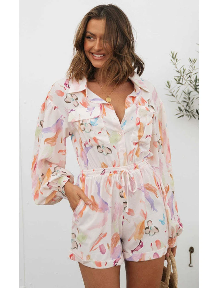 

Foridol Multicolor Tie-dyed Wide Leg Long Sleeve Spring Summer Shirt Romper Turn Down Collar Pockets Elastic Waist Playsuit 2023