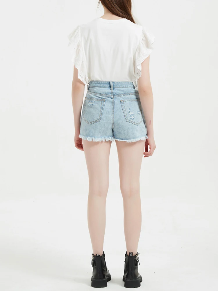 Summer Women Vintage Hole Frayed Blue Denim Shorts Streetwear Female High Waist Button Loose Jeans Shorts Bottoms
