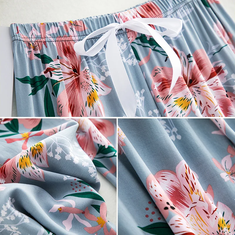 Women Spring Summer Thin Sleep Pants 2023 Home Pants Floral Printed Pajama Pants Wide Leg Loose Plus Size Calf-length Bottoms