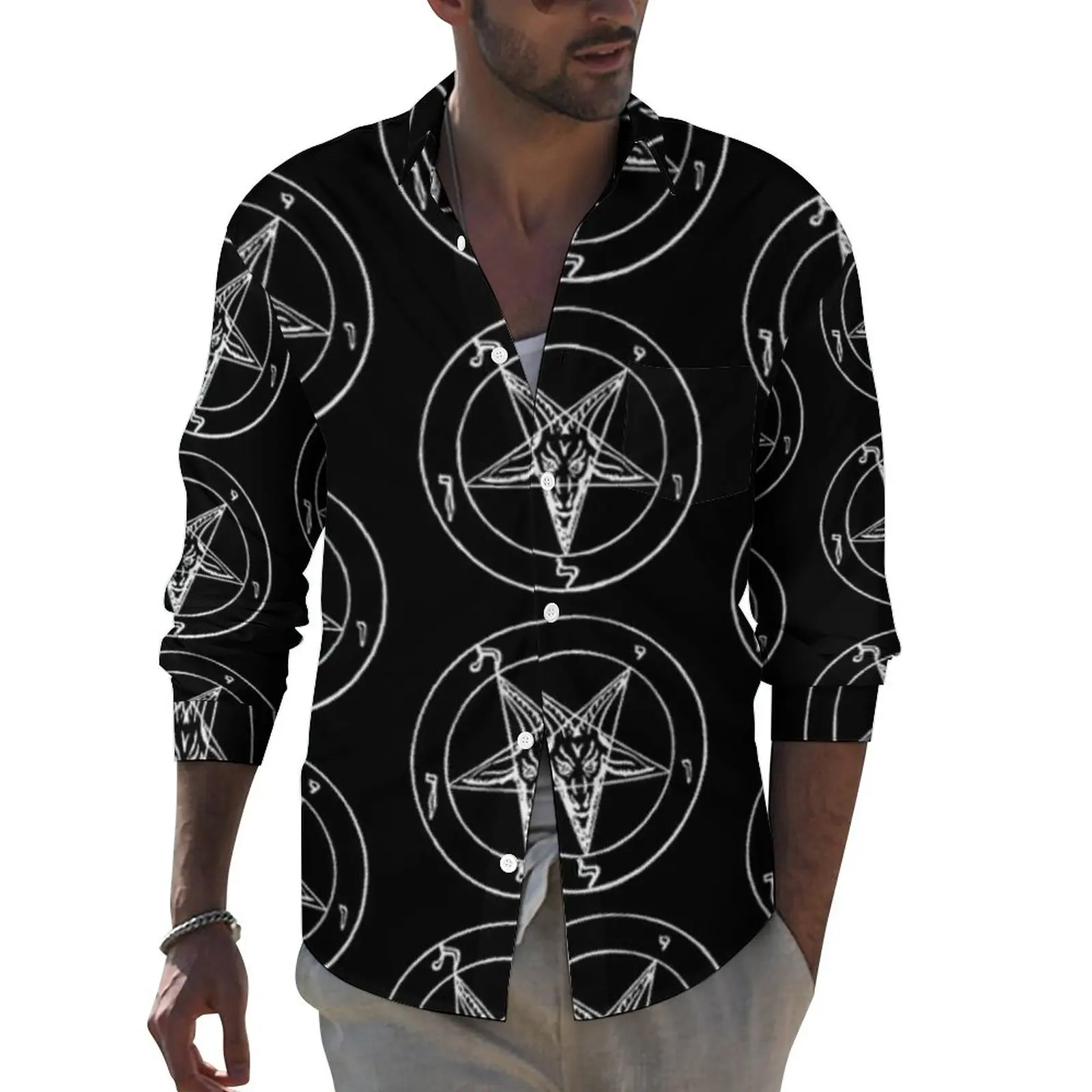 

Рубашка Baphomet мужская оверсайз с длинным рукавом, Повседневная Уличная одежда с изображением символов, винтажная блузка, весенняя одежда