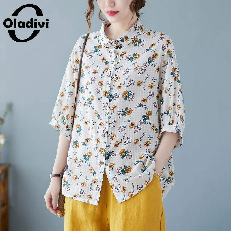 

Oladivi Oversized Women Clothes Fashion Floral Print Short Sleeve Blouses Summer 2022 New Casual Loose Shirt Big Top Tunic 81282
