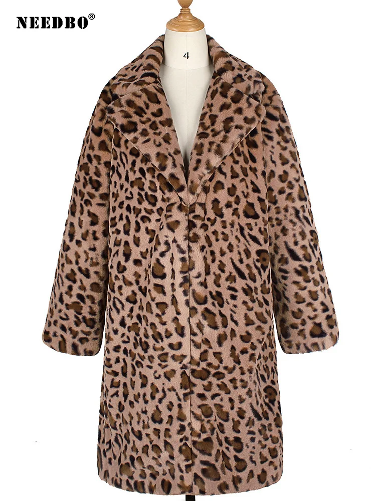 NEEDBO Fashion Woman Long Sleeve Leopard Print Knitted Cardigan Coat Womenes Sweater Warm Fluffy Plush Loose Outwear Jackets