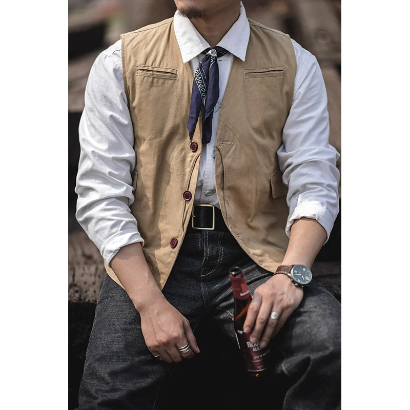 

Vintage Amekaji Carvas Men Spring Autumn New Multi-pocket Workwear Waistcoat Retro Casual Solid Color Hunting Fishing Vest
