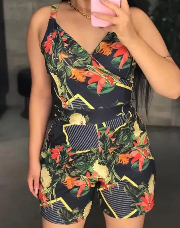 

Summre Fashion Woman Elegant Casual Office Jumpsuit Female Striped Splicing Tropical Print Sleeveless Romper Boho Sexy V Neck