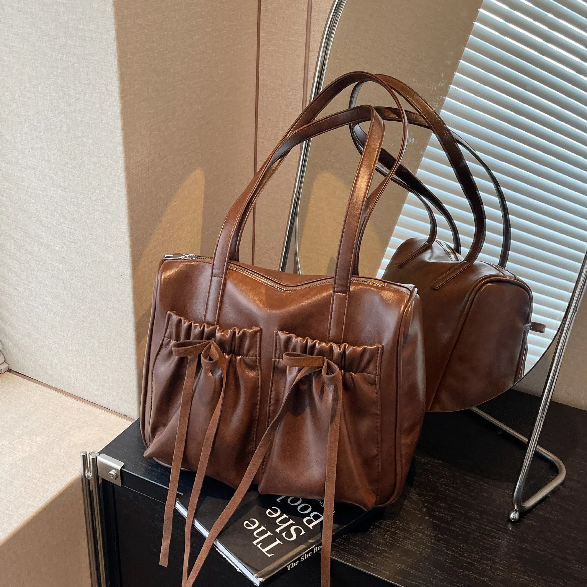 Bow Design Vintage PU Leather Shoulder Bag Lady Handbags and Purses Women 2024 Winter New Trend Y2K Korean Fashion Underarm