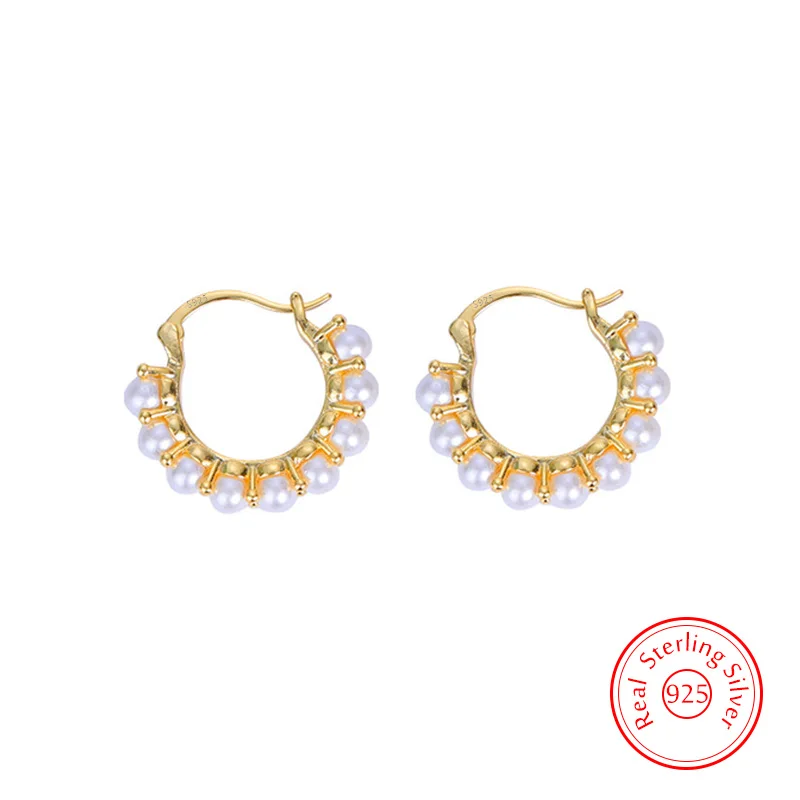 

Pure 925 Sterling Silver New Women's High Quality Fashion Jewelry Multiple Pearl Hoop Earrings XY0191