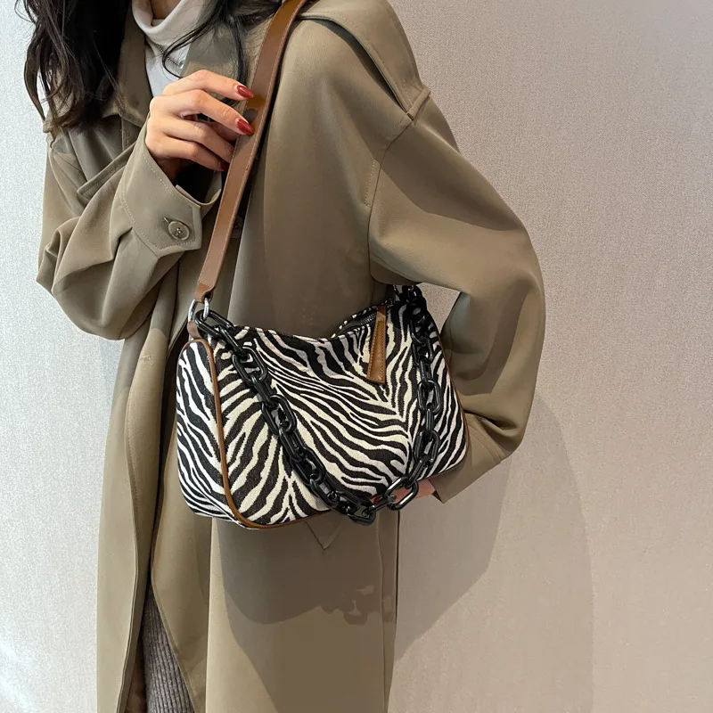 Zebra-stripe Acrylic Chain Shoulder Underarm Bags Fashion Women's New Canvas Crossbody Bag Soft Casual Commute Portable Satchel