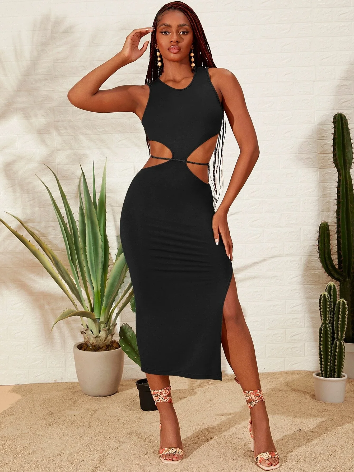 

NEWNESS Cut Out Waist Slit Thigh Belted Bodycon Dress