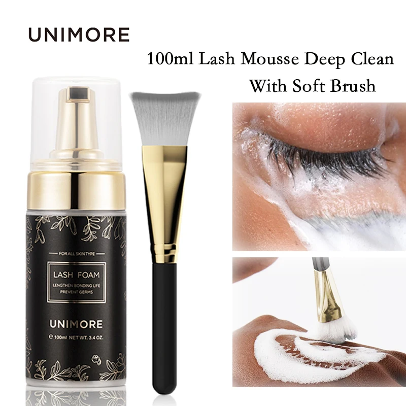 Unimore Lash Mousse Eyelash extension Shampoo 100ml Deep Cleaner Gentle for Cosmetics Super Soft Brush Lash Extension Supplies