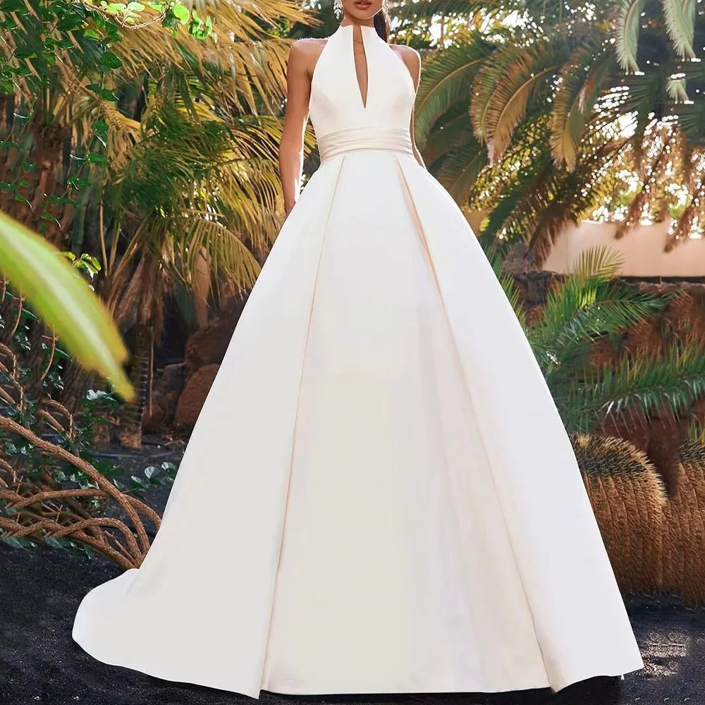 

Elegant Wedding Bridal Dress 2022 A-Line Halter Backless Satin Bride Gowns Long Train Vestidos Noiva Robes De Mariée Boho