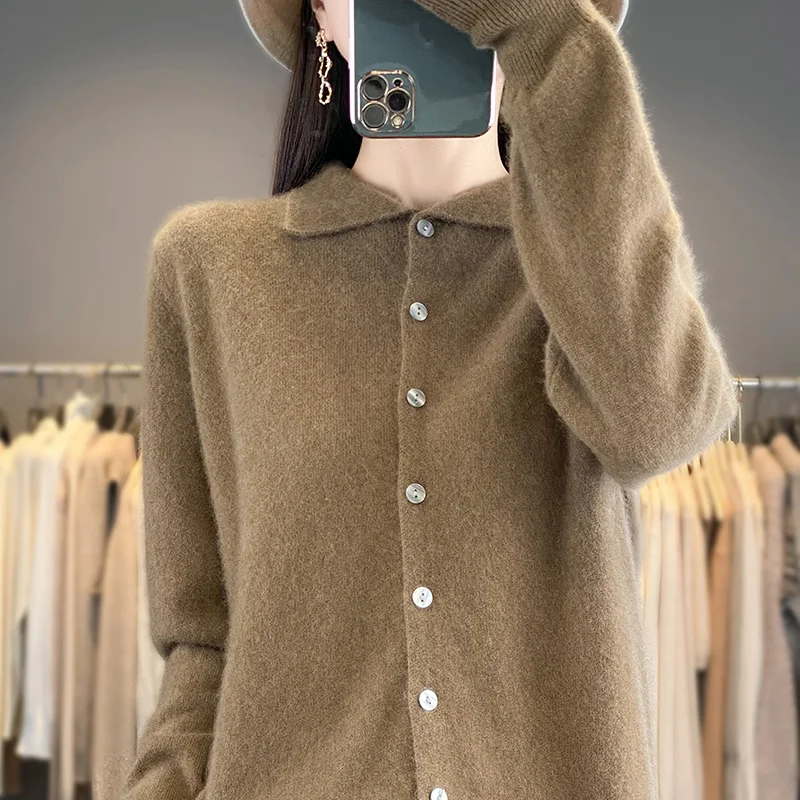 Осенне-зимний новый женский свитер кардиган с воротником поло из 100% мериносовой