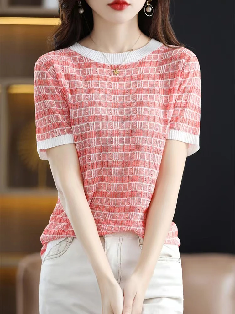 Женская футболка в полоску Базовая Трикотажная с коротким рукавом Корейском