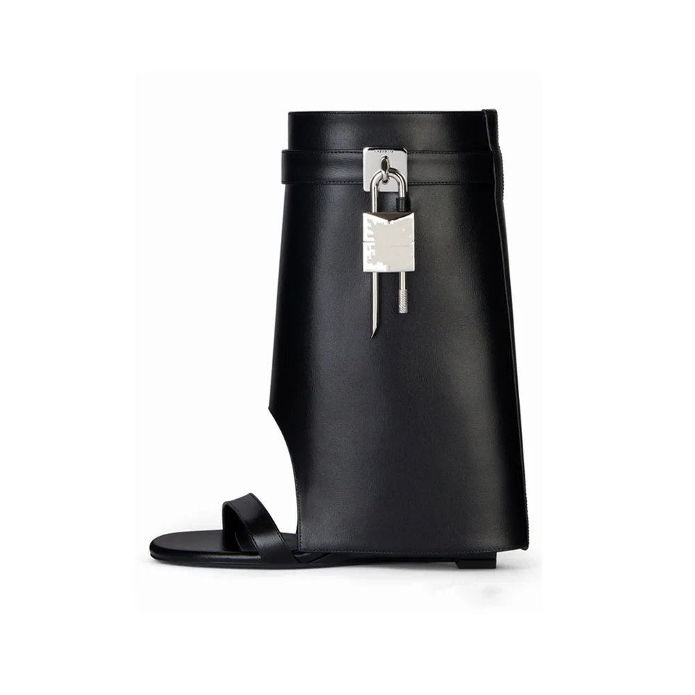 Women's New Slotted Toe with Open Toe Slope Heel Shark Boots Sexy Colored Rhinestone Metal Decoration Calf Short Boots Sandals