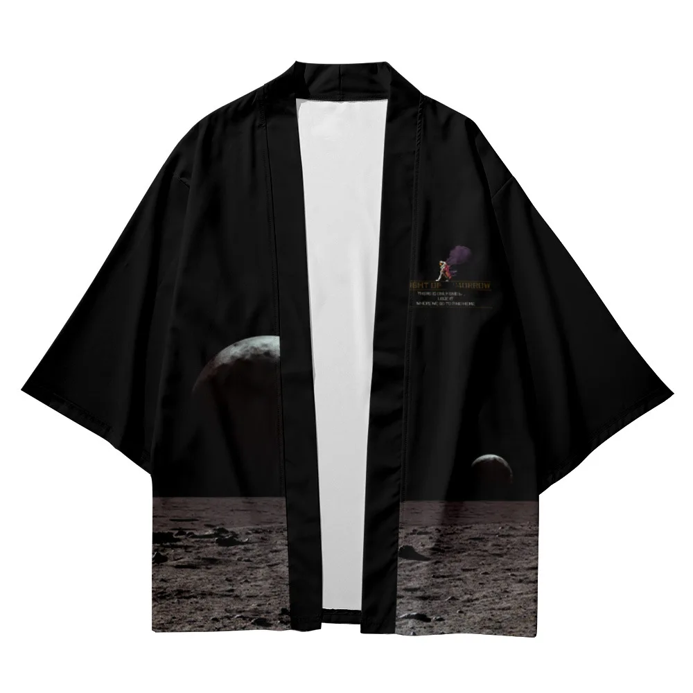 

Cross-border smiling face way tunic cardigan seven astronauts printed sleeve shirt men loose big yards tide coat