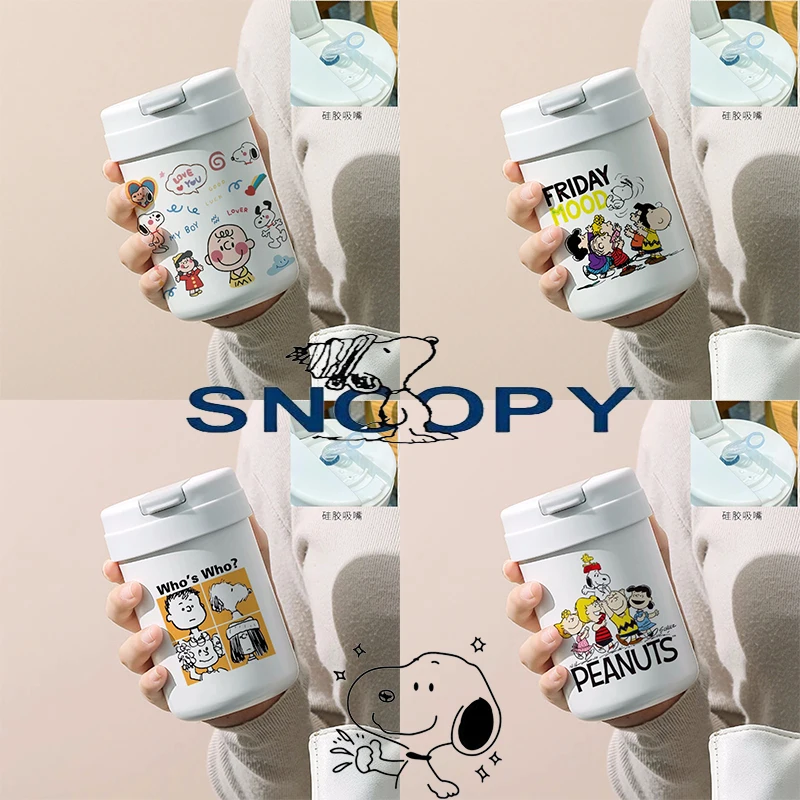 Фото Новая чашка-термос Snoopy, мультяшная высококачественная чашка из нержавеющей стали, сохраняющая холод, сохраняющая горячую кофе, мужская и женская соломенная изоляционная чашка для воды №1