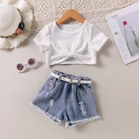 kids clothes girls 2022 new girls short solid color t shirt denim shorts two piece set wholesale clothing