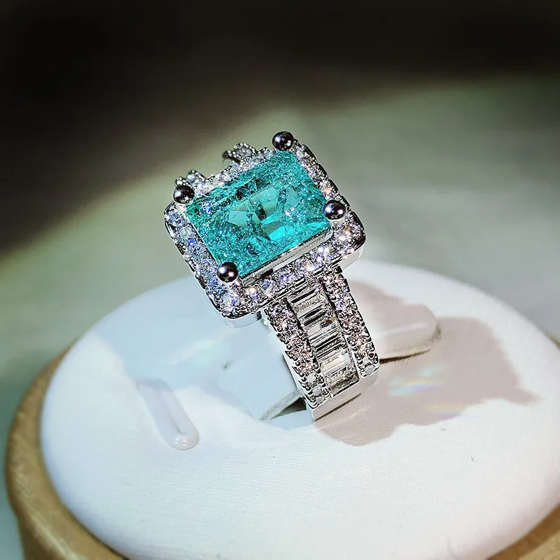 

NEW Fashion Square Paraiba Full Diamond Couple Ring For Women Geometric Sapphire Zircon Silver Plated Engagement Jewelry