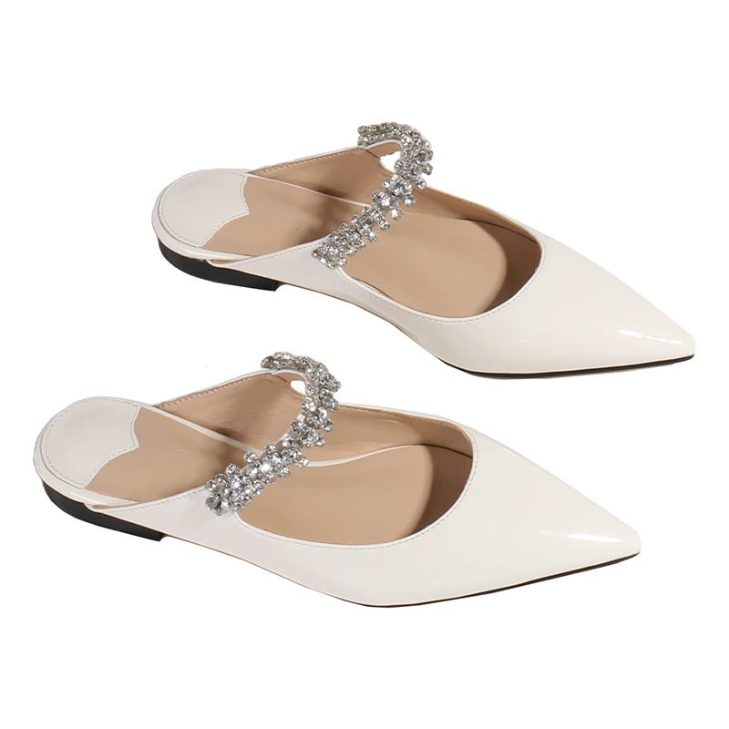 Fashion Pointed Sandals 2023 Summer New Diamond Chain High-heeled Shoes Baotou Muller Semi-slippers Frosted Flat Women's Shoes