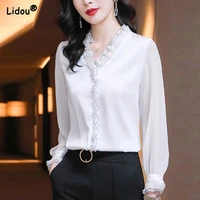 office lady elegant lace v neck black white solid color long sleeve dress shirts fashion thin chiffon blouses womens clothing