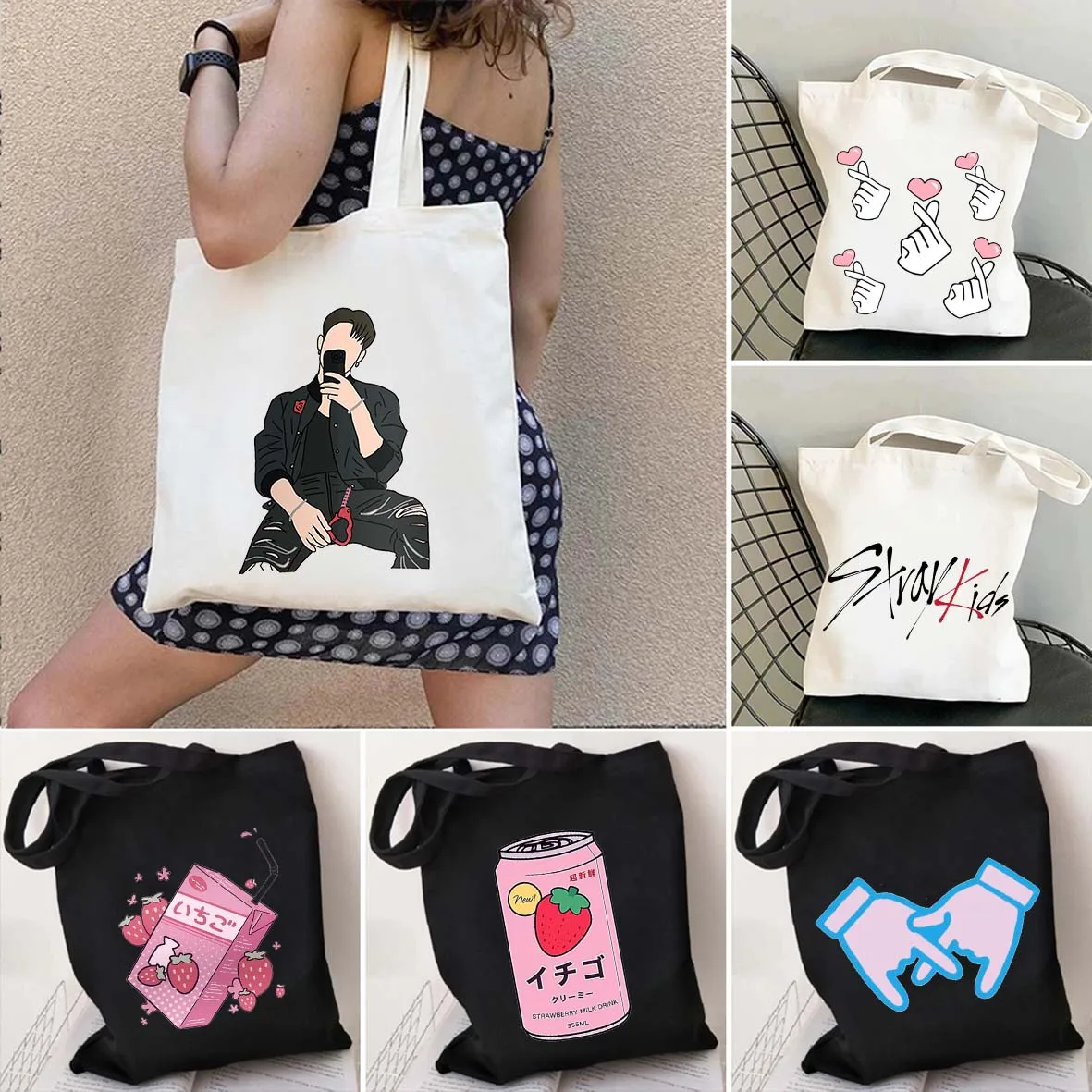 

Korean Kpop Canvas Tote Bags Cute Love Finger Heart Stray Kids Ramen Shoulder Canvas Tote Bag Harajuku Shopper Shopping Handbags