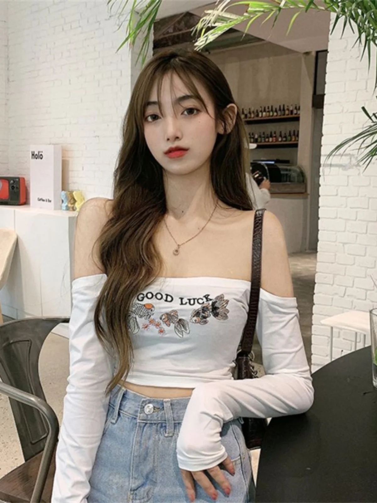 Gyaru Sle сексуальная рубашка с открытыми плечами и длинными рукавами женская