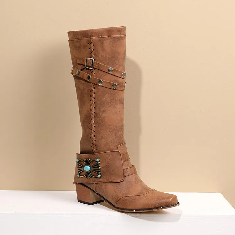 

BONJOMARISA Woman Vintage Ridding Fashion Knee High Boots Autumn Winter Buckle Cowboy Western Long Embroidery Casual Shoes