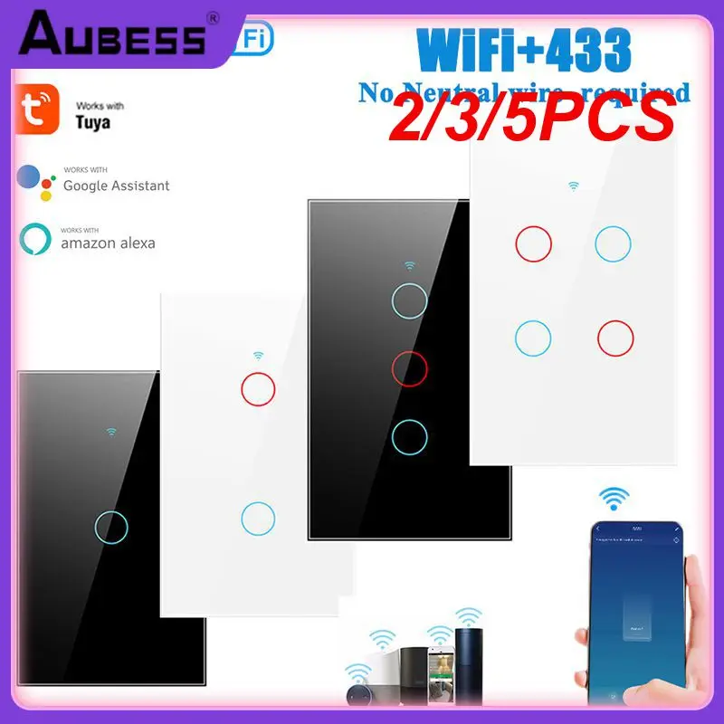 

2/3/5PCS Neutral Wire Touch Control Switch Wifi Rf433 Tempered Glass Wall Panel 120 Type Wireless Switch 1/2/3/4 Gang Tuya 10a