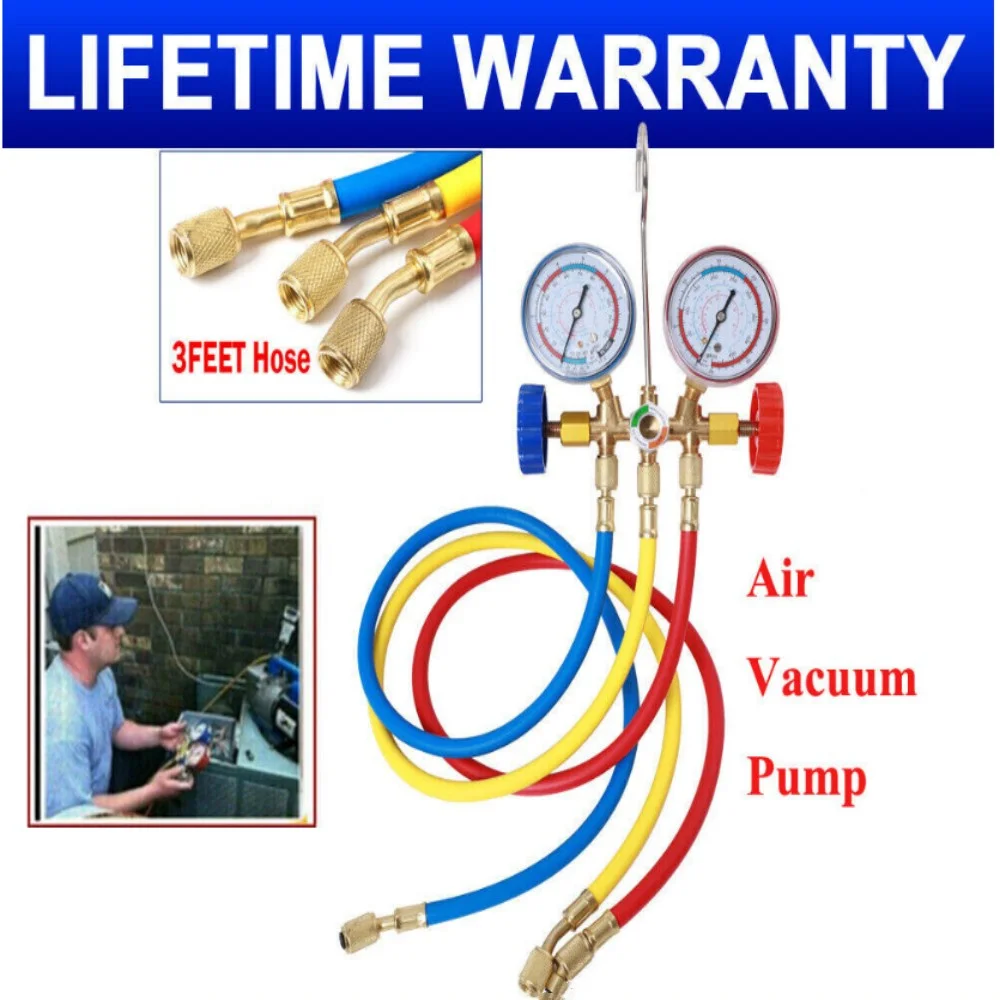 

Манометр для кондиционера с шлангом и крючком, 3-сторонний манометр для кондиционера для Freon R12, R22, R404A, R134a, диагностика Gagu