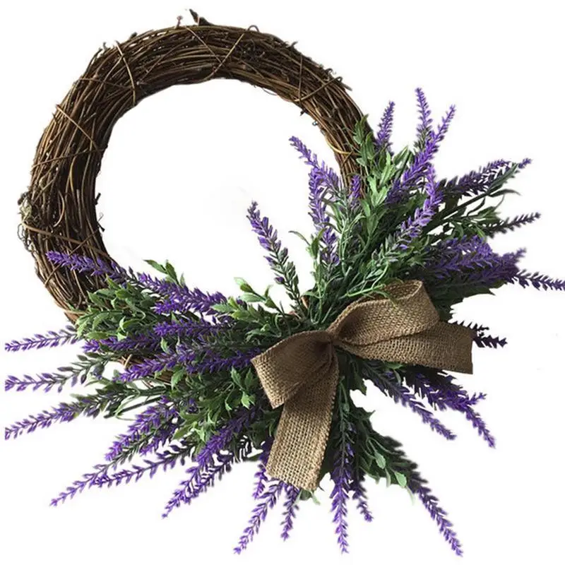 

Beautiful Bowknot Lavender Wreath Natural Rattan Handwoven Heart Shaped Artificial Lavender Wreaths For Home