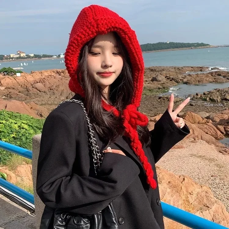 Красный шарф-бочонок женская осенне-зимняя теплая утолщенная вязаная шапка с