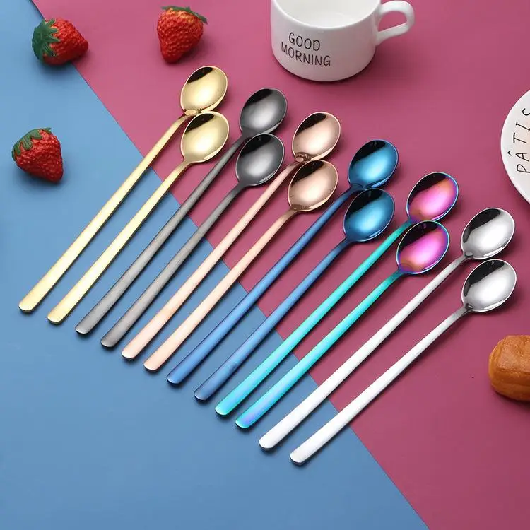 

New Vacuum Plating Stainless Steel Long Handle Spoon Coffee Spoon Handle Tea Spoons Kitchen Hot Drinking Flatware Drop Shipping