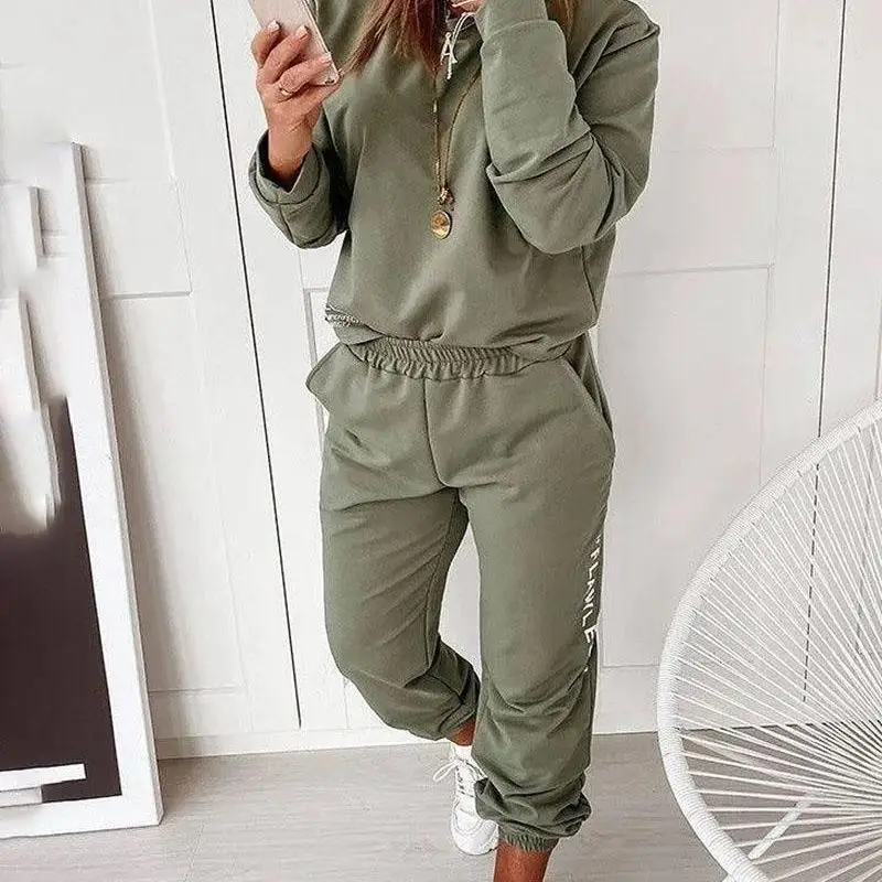 

Two Piece Sets Womens Outifits Autumn Sports Solid Color Pocket Bandage O Neck Slim Fit Spliced Elastic Waist Fashion
