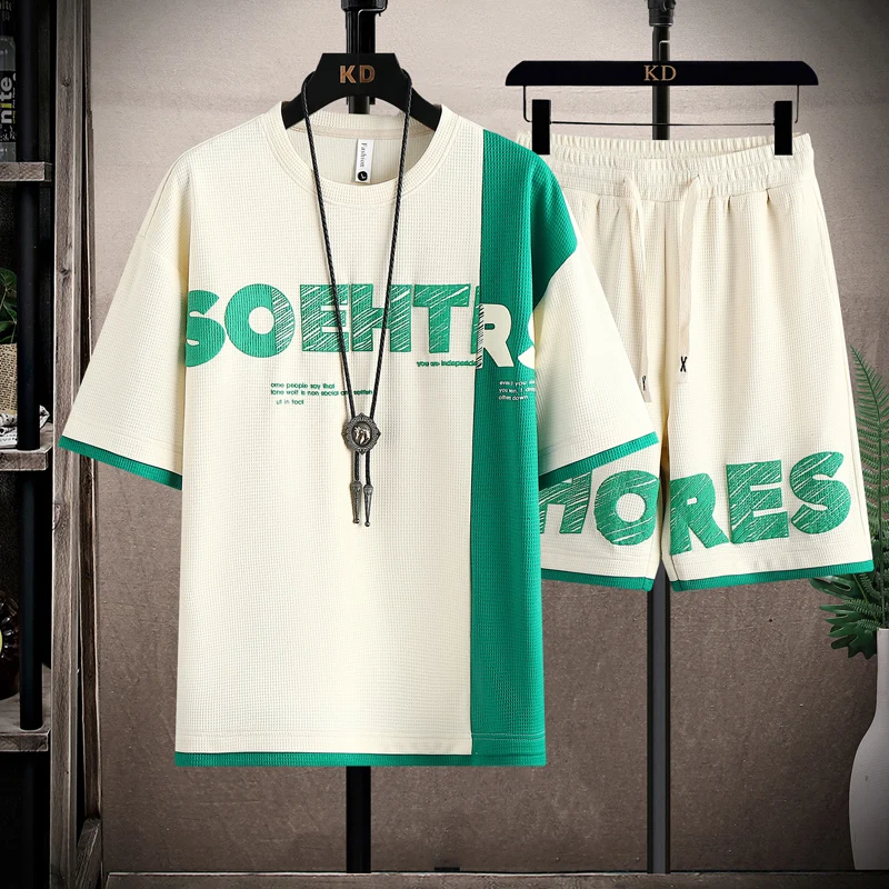 Short-Sleeved T-shirt Men and Teenagers Summer Fashion Brand Waffle Student Clothes Matching Handsome Casual Sports Suit