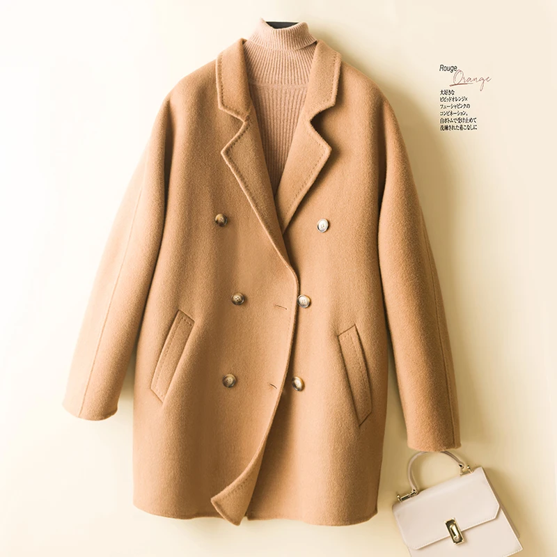 High-end double-sided 100%woolen coat women's autumn and winter new cashmere coat loose all-match solid color coat women