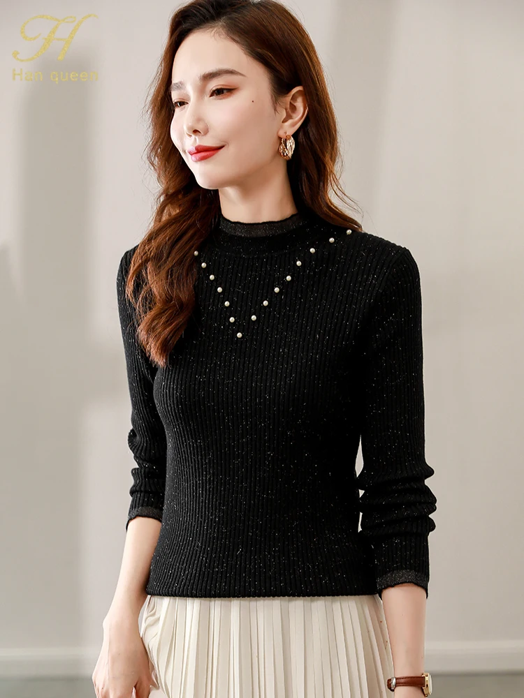 

Осенние корейские эластичные пуловеры H Han Queen, свитеры, Модная трикотажная рубашка с бусинами, шикарные винтажные Топы с длинным рукавом для...