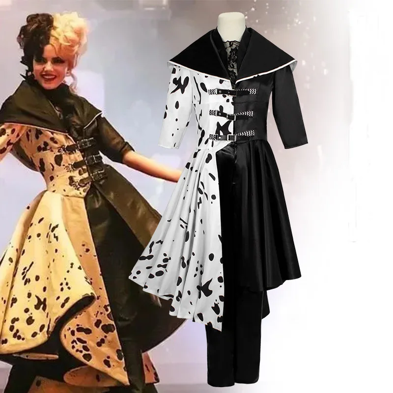 

101 черно-белая далматинская ведьма Cruella de Vil костюмы для косплея из фильма Cruella de Vil куртка с капюшоном пальто костюм для вечеринки