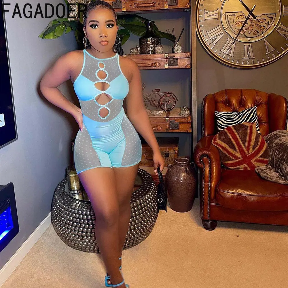 FAGADOER Sexy Bodycon Hollow Out Rompers Women Sleeveless Mesh Patchwork Slim Jumpsuits Summer Female One Piece Nightclub Wear