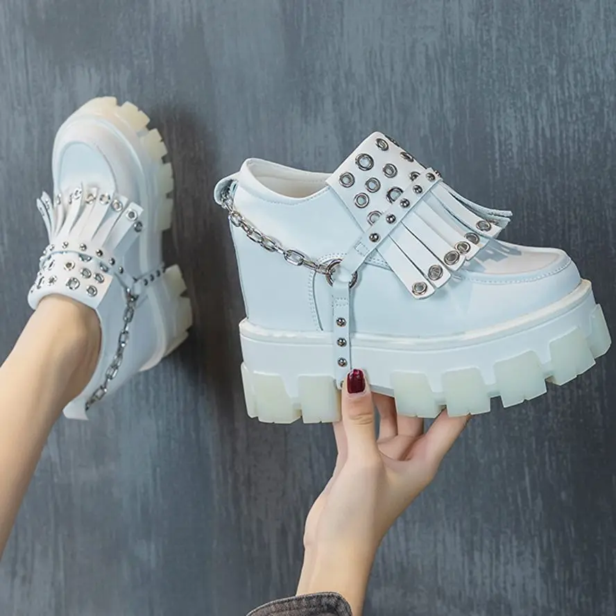 Height Increasing Punk Pumps Women's Cow Leather Round Toe Ankle Boots Tassel Rivets Buckle High Heels Creeper Oxfords Party Sho