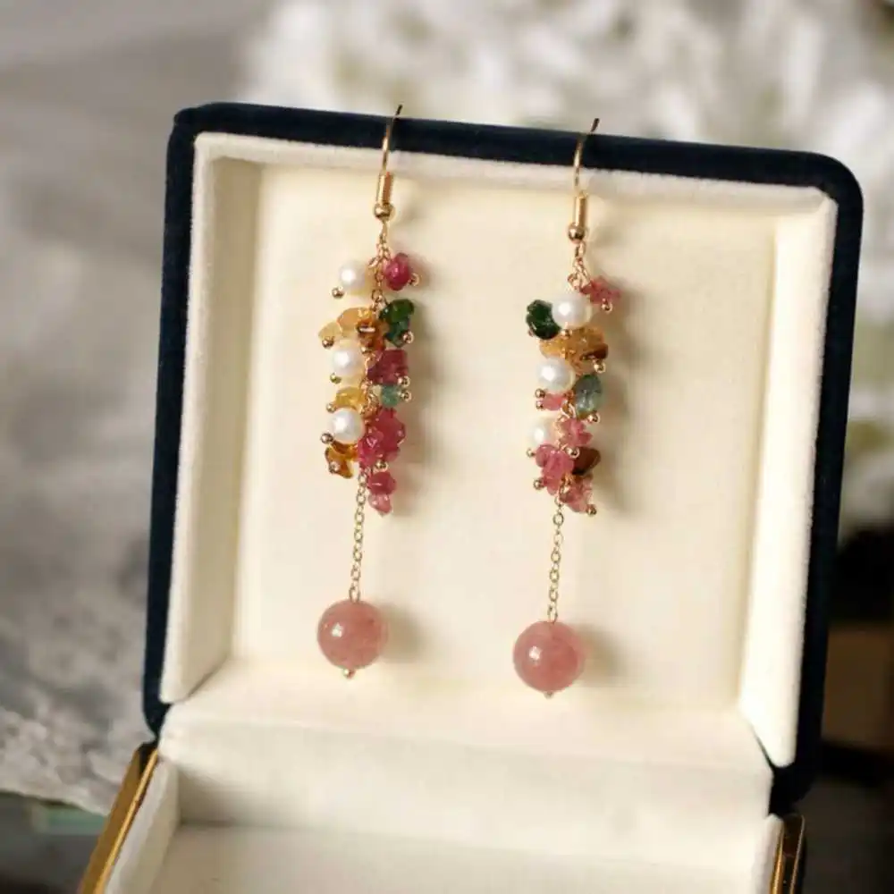 

Natural Tourmaline Gravel Earrings Grapes Cluster Eardrop Accessories