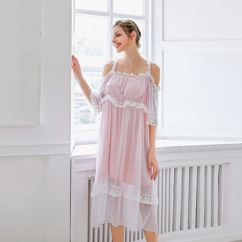 

Plus size nightgown dress mesh lace stitching home service 200 kg